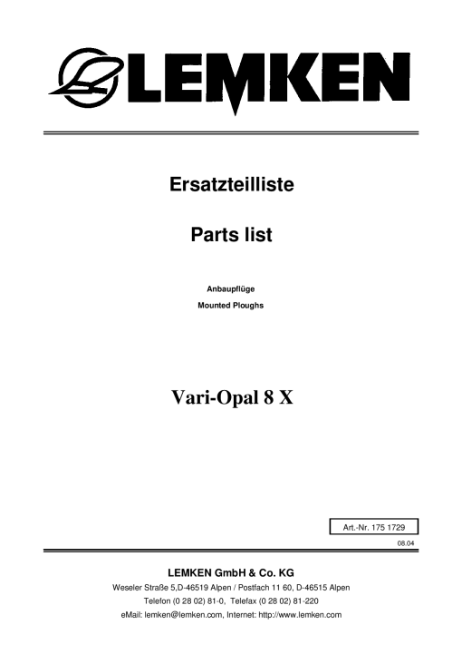 Lemken Vari-Opal_8X Parts manual catalog PDF Download