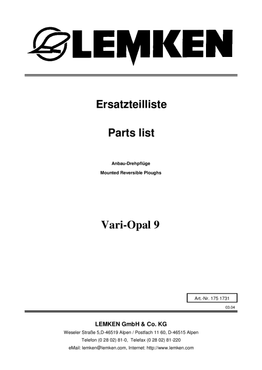 Lemken Vari-Opal_9 Parts manual catalog PDF Download