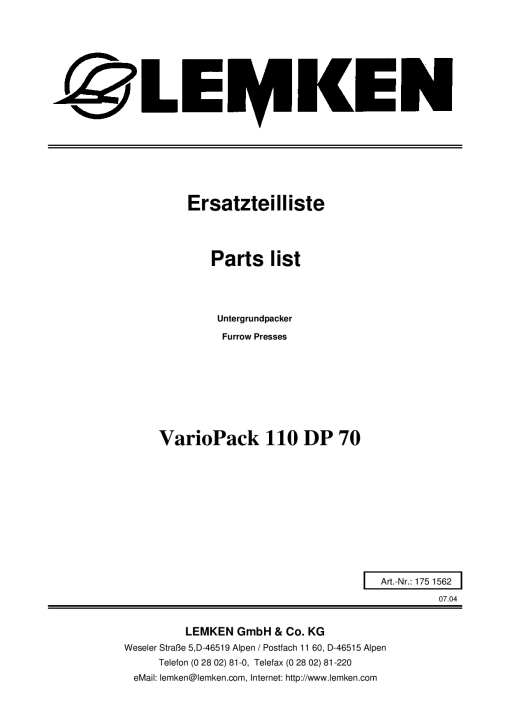 Lemken VarioPack_110_DP70 Parts manual catalog PDF Download