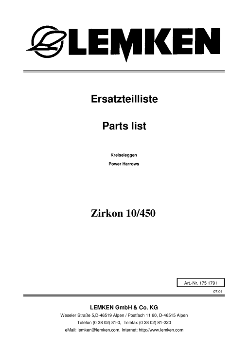 Lemken Zirkon_10-450 Parts manual catalog PDF Download