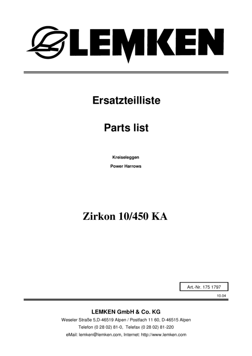 Lemken Zirkon_10-450_KA Parts manual catalog PDF Download