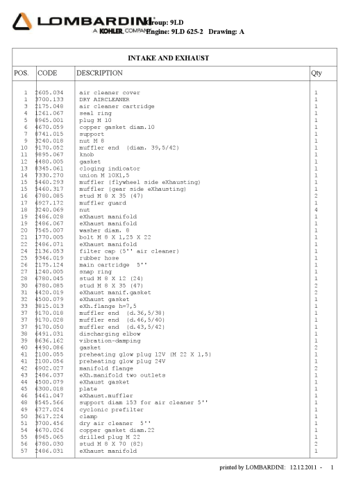 Lombardini 9LD625-2 Parts manual catalog PDF Download