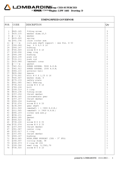 Lombardini D - timing speed LDW1603 Parts manual catalog PDF Download