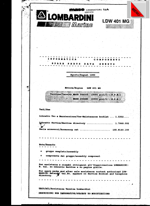 Lombardini LDW401MG Parts manual catalog PDF Download
