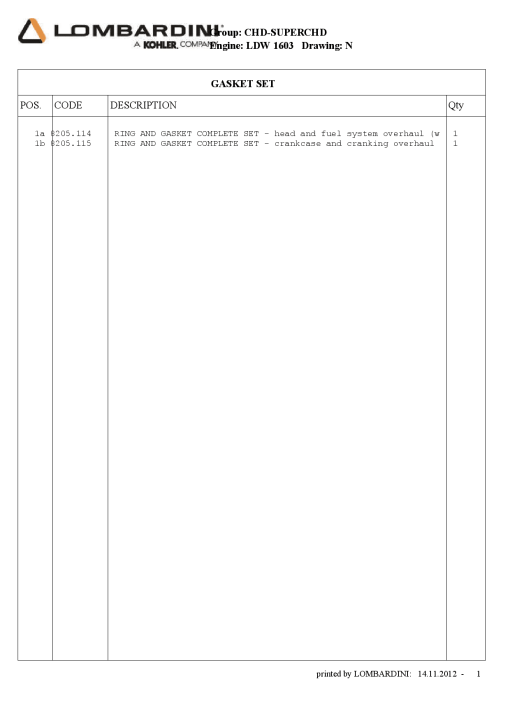 Lombardini N- gasket sett LDW1603 Parts manual catalog PDF Download