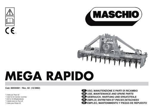 Maschio Mega_Rapido Cod. 00559361 TAV 91-1 Rotary_harrow Parts manual catalog PDF Download