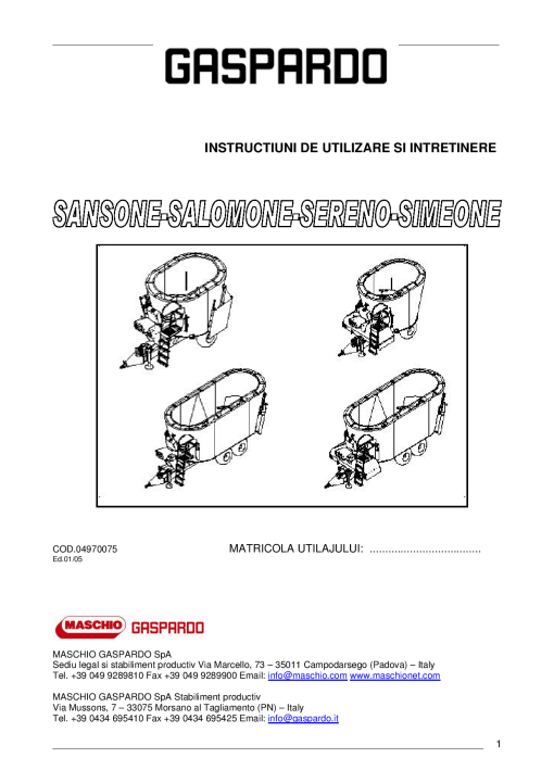 Maschio Sansone_Salomone_Sereno_Simeone COD.04970075 Auger_mixer Parts manual catalog PDF Download