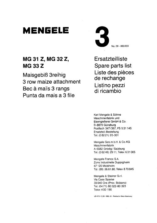 Mengele 11MG_31Z_32Z_33Z Parts manual catalog PDF Download