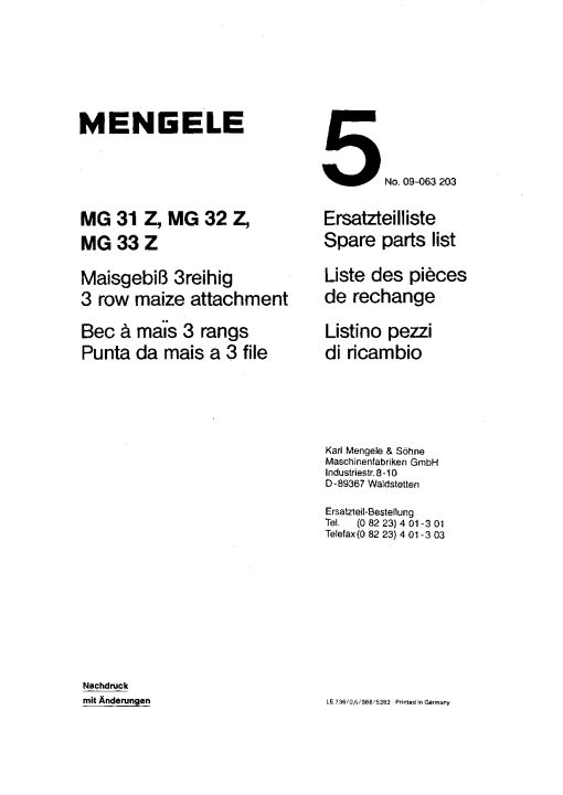 Mengele 12MG_31Z_32Z_33Z Parts manual catalog PDF Download