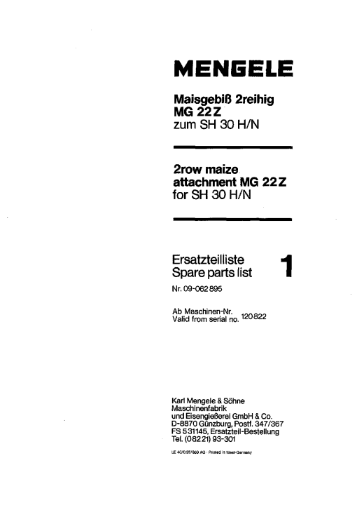 Mengele 1MG_22Z Parts manual catalog PDF Download