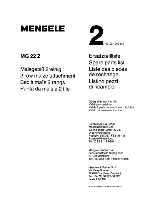 Mengele 2MG_22Z Parts manual catalog PDF Download