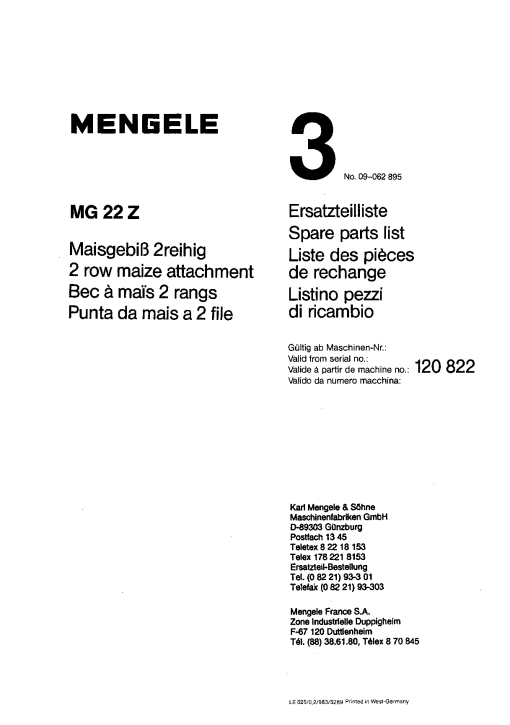 Mengele 3MG_22Z Parts manual catalog PDF Download