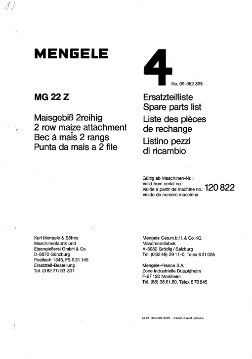 Mengele 4MG_22Z Parts manual catalog PDF Download