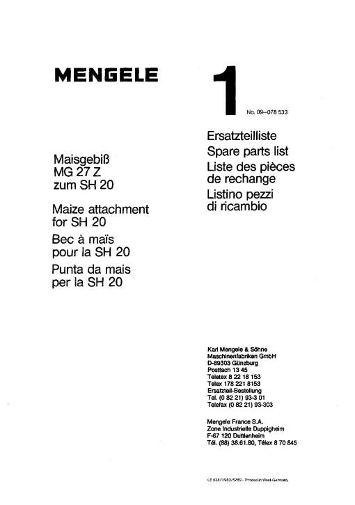 Mengele 5MG_27Z Parts manual catalog PDF Download