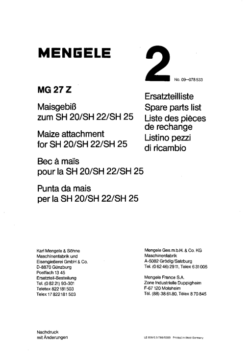 Mengele 6MG_27Z Parts manual catalog PDF Download