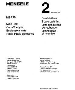 Mengele MB220 Parts manual catalog PDF Download