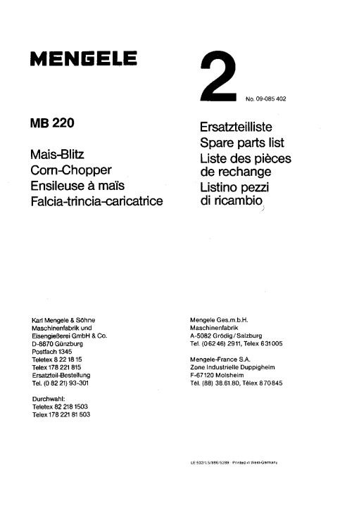 Mengele MB220 Parts manual catalog PDF Download