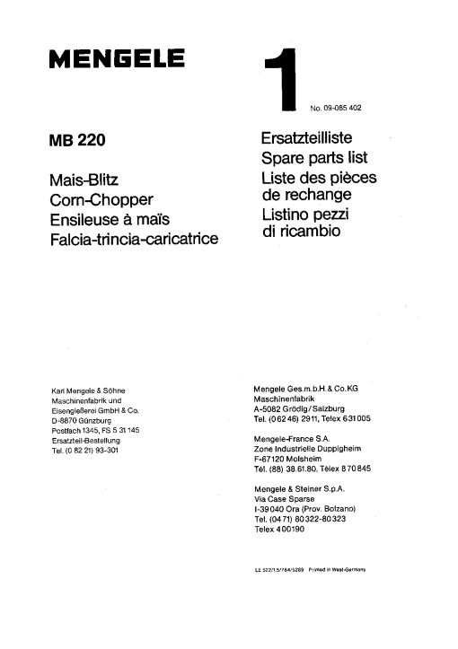 Mengele MB220_1984 Parts manual catalog PDF Download