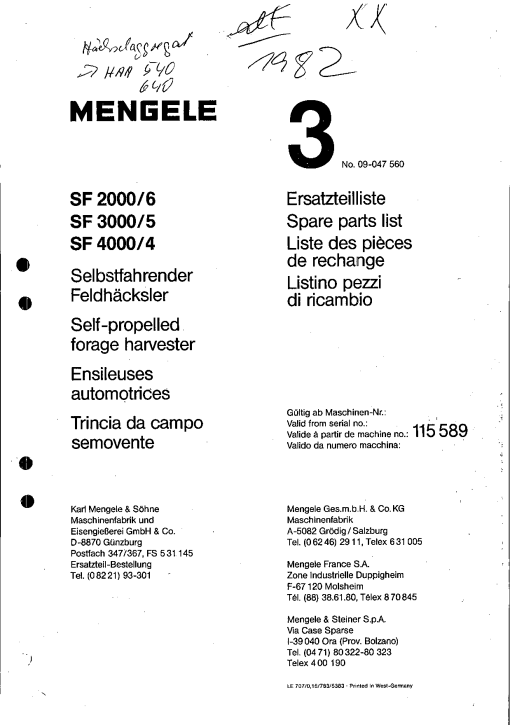 Mengele SF_2000-6_3000-5_4000-4 Parts manual catalog PDF Download