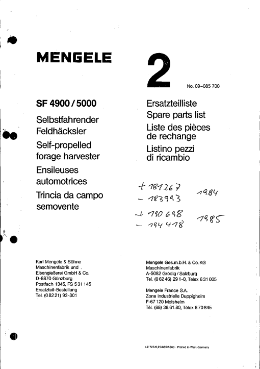 Mengele SF_4900_5000 Parts manual catalog PDF Download