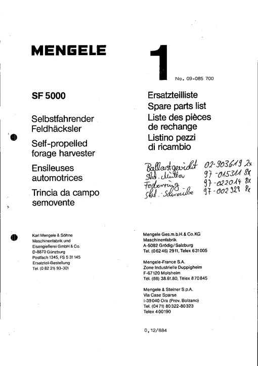 Mengele SF_5000 Parts manual catalog PDF Download