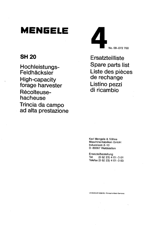 Mengele SH20 Parts manual catalog PDF Download
