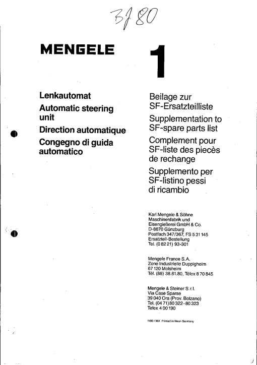 Mengele Steering_unit Parts manual catalog PDF Download