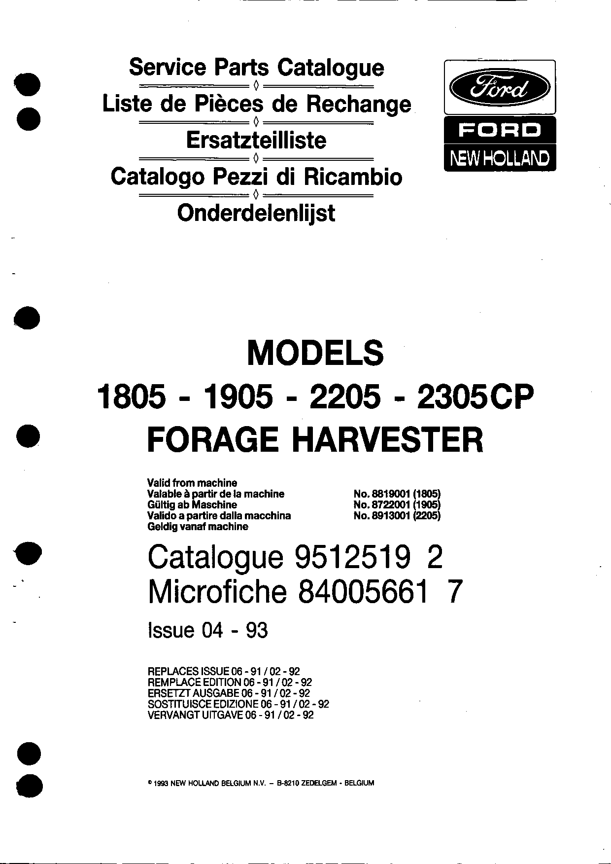 New Holland 1805_1905_2205_2305 Forage_Harvester Parts manual catalog PDF Download