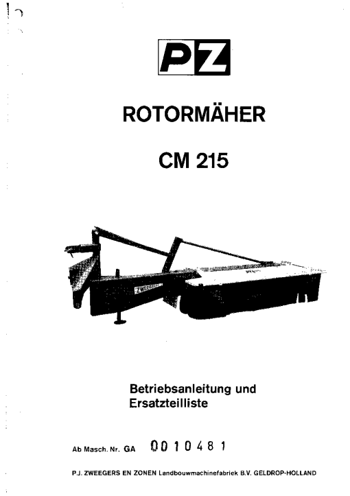 PZ_Zweegers CM215 Mower Parts manual catalog PDF Download