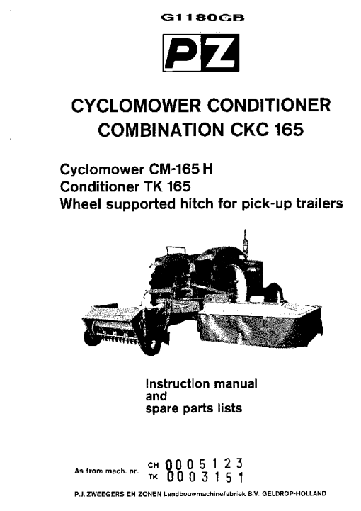 PZ_Zweegers TK165 Mower Parts manual catalog PDF Download
