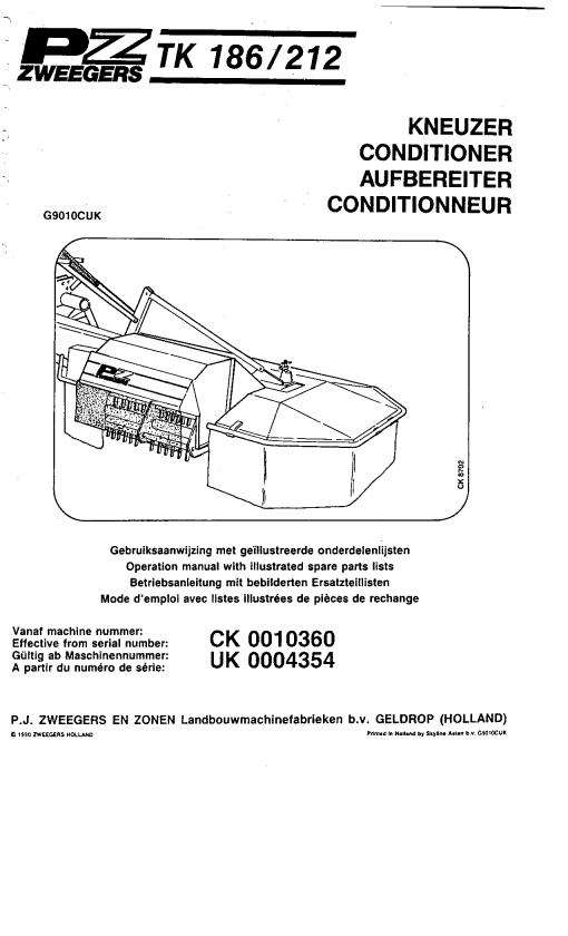 PZ_Zweegers TK186_TK212 Mower Parts manual catalog PDF Download