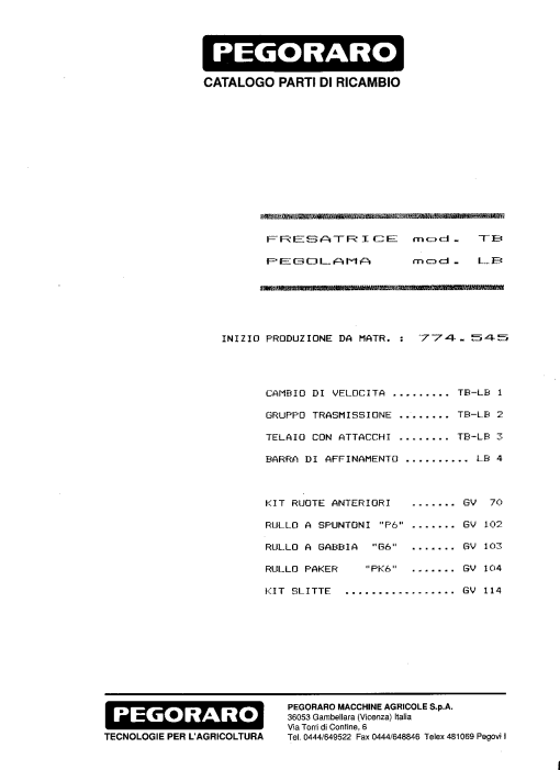 Pegoraro TB-LB Parts manual catalog PDF Download