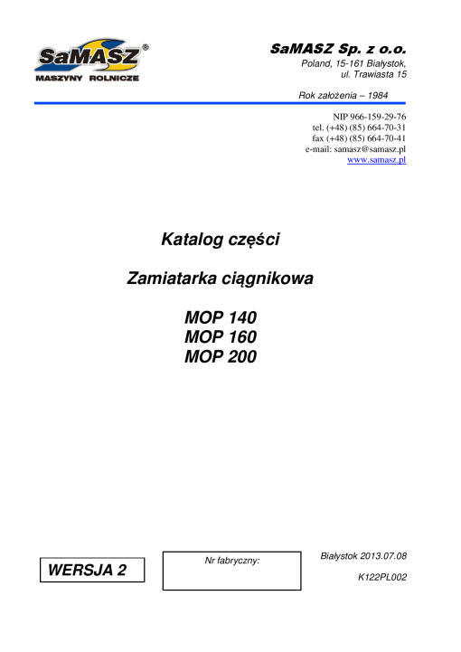 Samasz Mop_140_160_200 Parts manual catalog PDF Download