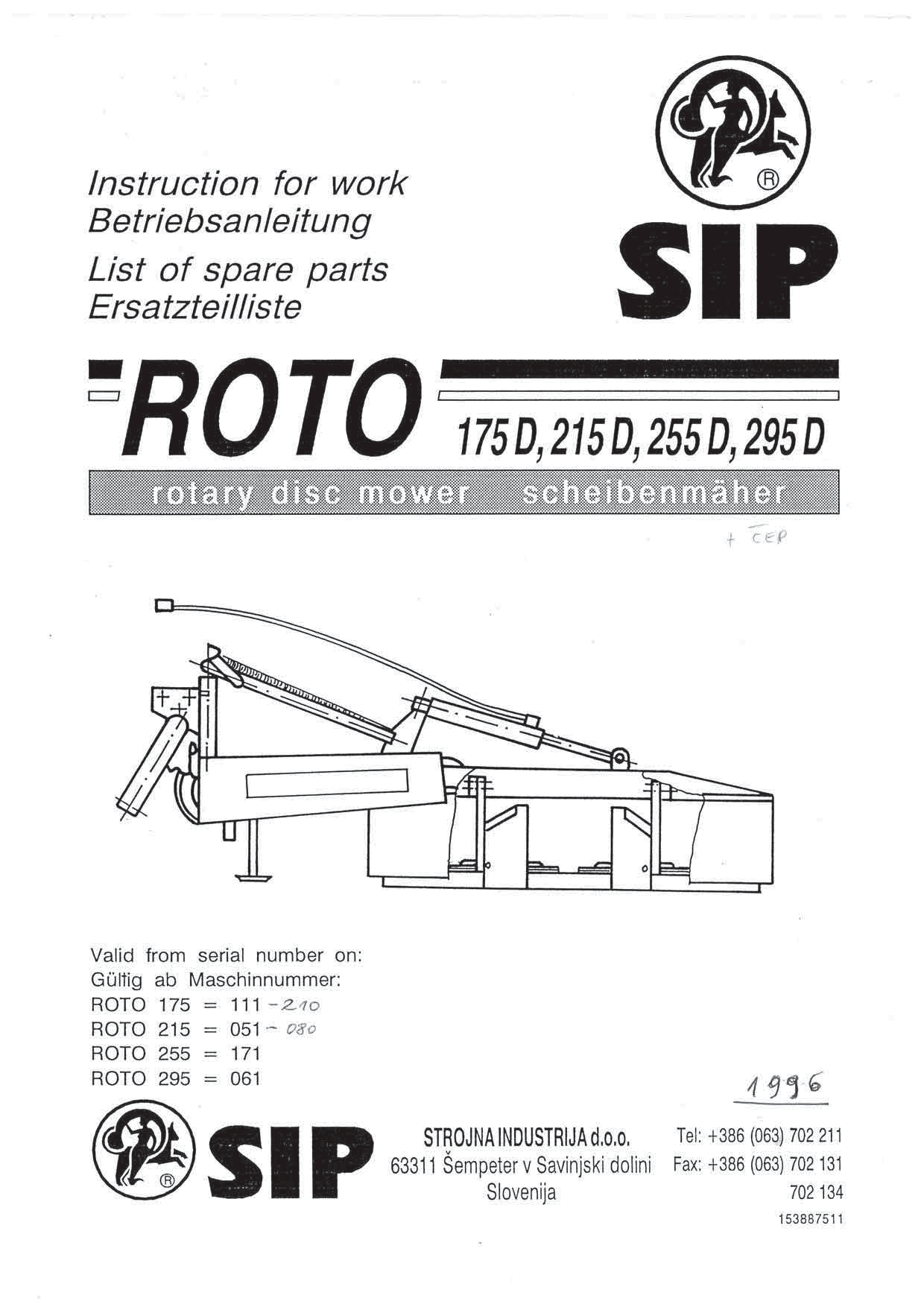 Sip Roto_175D_215D_255D_295D Parts manual catalog PDF Download