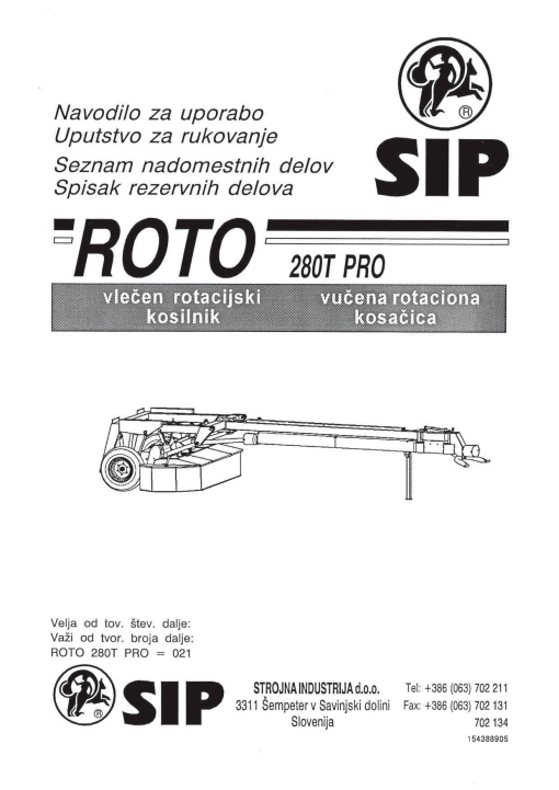 Sip Roto_280T_Pro Parts manual catalog PDF Download