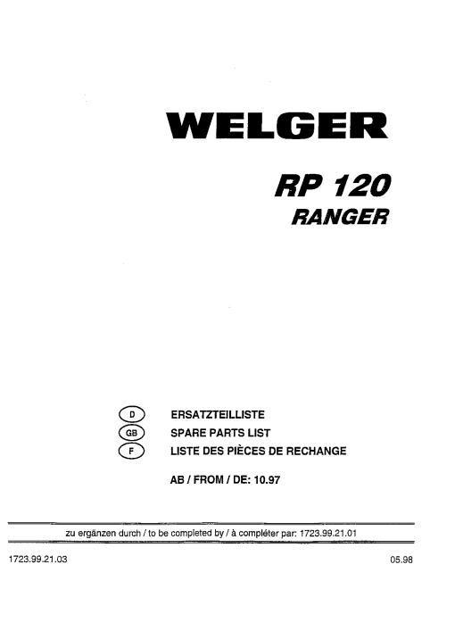 Welger RP120_Ranger Round Baler Parts manual catalog PDF Download