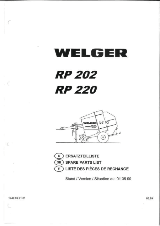 Welger RP202_RP220_1999 Round Baler Parts manual catalog PDF Download