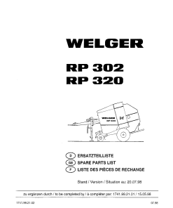 Welger RP302_RP320_1998 Round Baler Parts manual catalog PDF Download