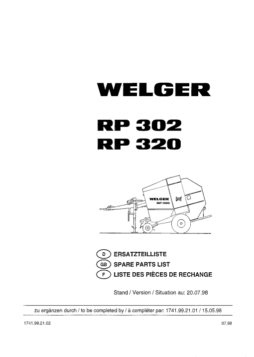 Welger RP302_RP320_1998 Round Baler Parts manual catalog PDF Download