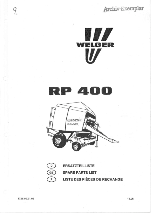 Welger RP400 Round Baler Parts manual catalog PDF Download