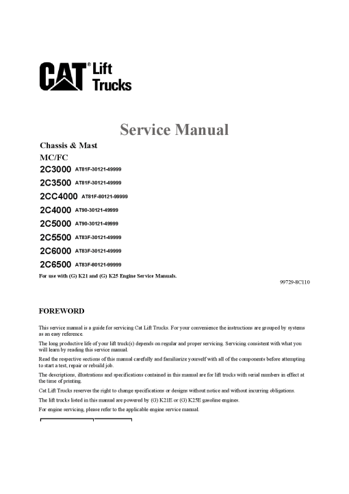 Caterpillar 2C3000, 2C- 3500 4000 5000 6000 6500, 2CC4000 CushionTire Forklift Repair Service Workshop Manual PDF Download