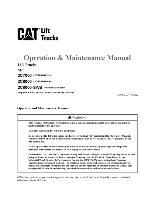 Caterpillar 2C7000 2C8000 2C8000-SWB Cushion Tire Forklift Operation Maintenance Manual PDF Download