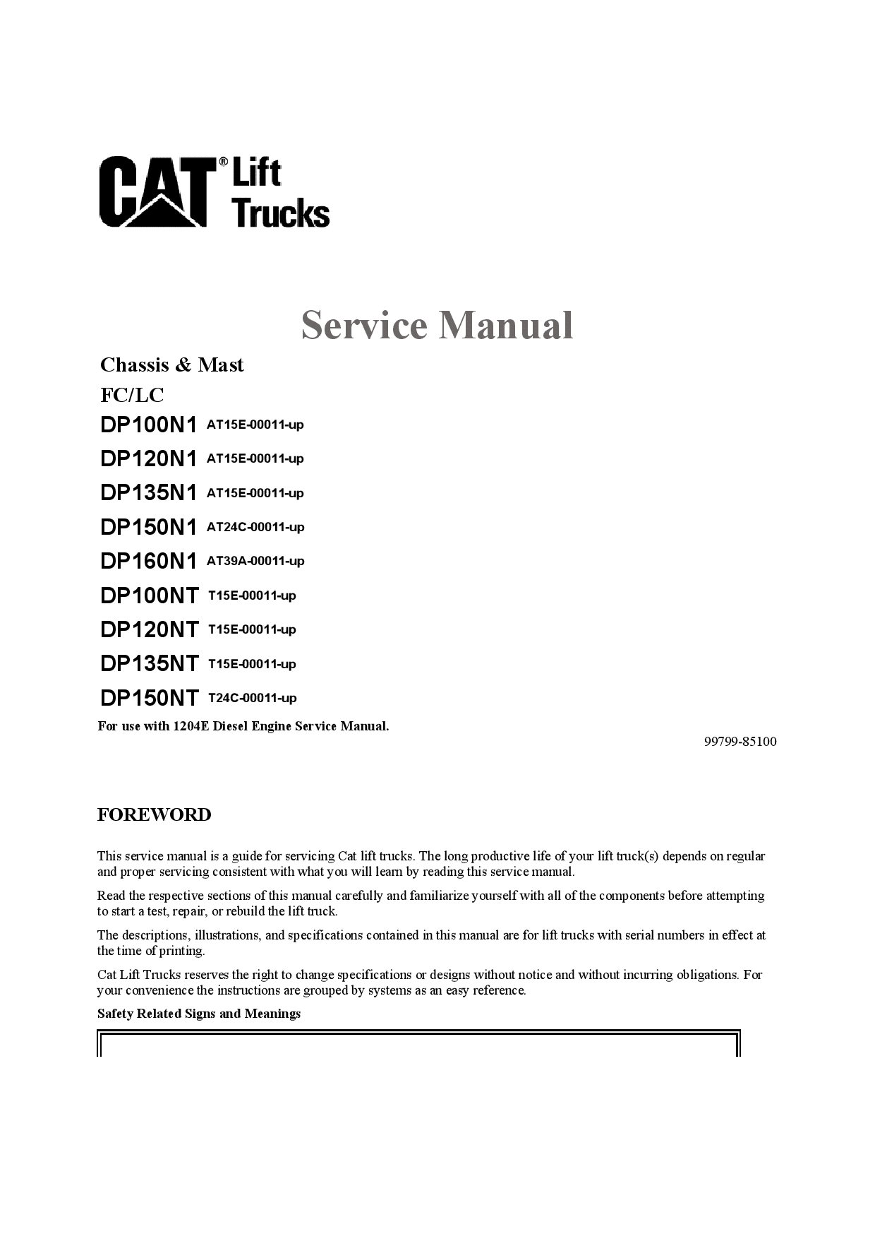 Caterpillar DP100N1, DP-120 135 150 160-N1 Large Pneumatic 6 -16ton Forklift Repair Service Workshop Manual PDF Download