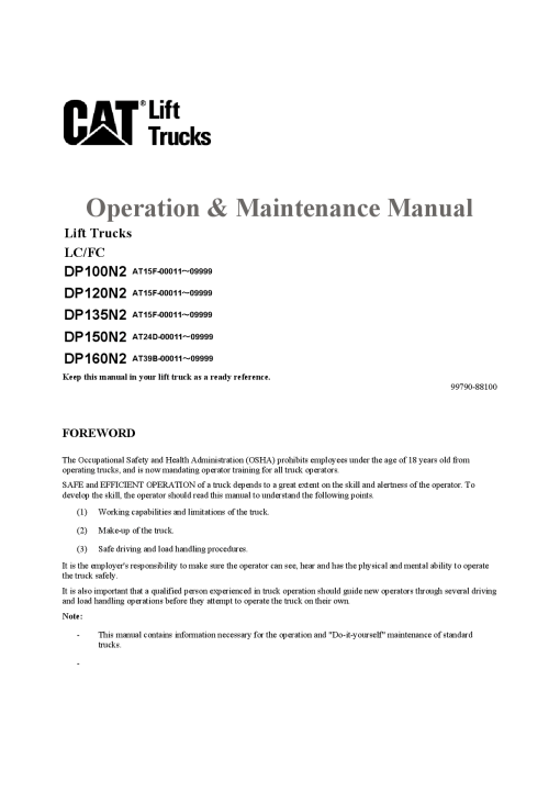 Caterpillar DP100N2, DP-120 135 150 160-N2 Extra Large Pneumatic 6-16ton Forklift Operation Maintenance Manual PDF Download