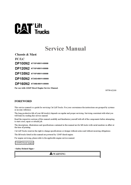 Caterpillar DP100N2, DP-120 135 150 160-N2 Extra Large Pneumatic 6-16ton Forklift Repair Service Workshop Manual PDF Download
