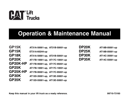 Caterpillar DP20K, DP- 25K 30K 35K Small Pneumatic 1-5 ton Forklift Operation Maintenance Manual PDF Download