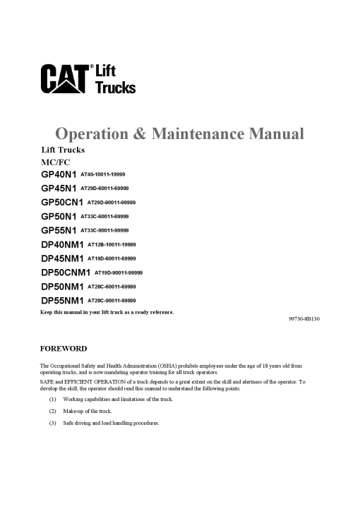Caterpillar DP50CNM1, DP- 40 45 50 55 -NM1 Medium Pneumatic 4- 5ton Forklift Repair Service Workshop Manual PDF Download