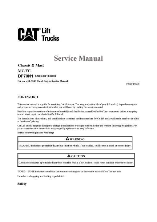 Caterpillar DP70N1 Extra Large Pneumatic 6-16ton Forklift Repair Service Workshop Manual PDF Download