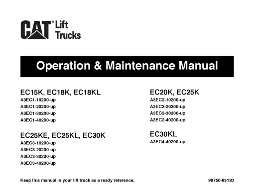 Caterpillar EC15K, EC18K, EC18KL Electric Sit Down Riders Forklift Operation Maintenance Manual PDF Download