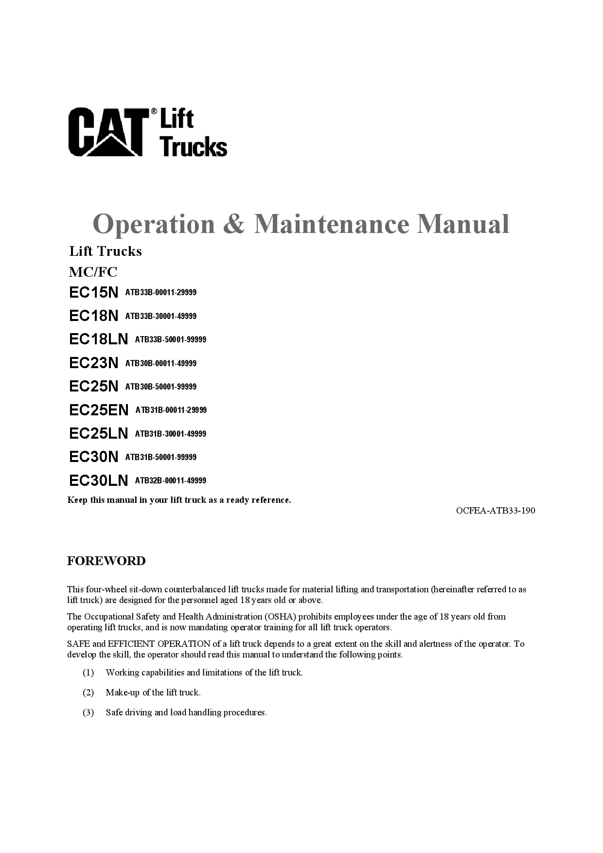 Caterpillar EC15N EC18N EC18LN EC23N Electric Sit Down Riders Forklift Operation Maintenance Manual PDF Download